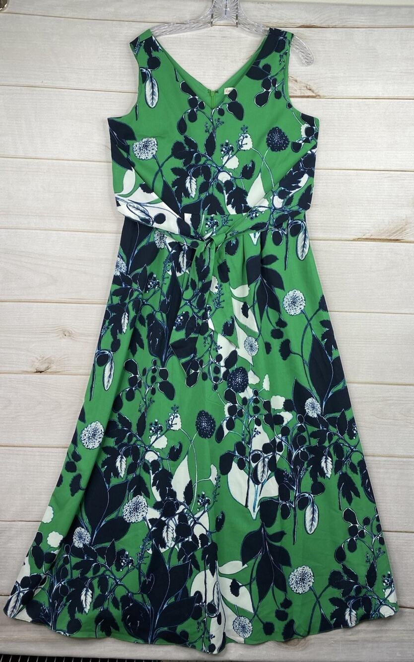 Coldwater Creek Maxi Dress Sz 10 Green Floral Tie Waist V Neck Sleeveless Lined